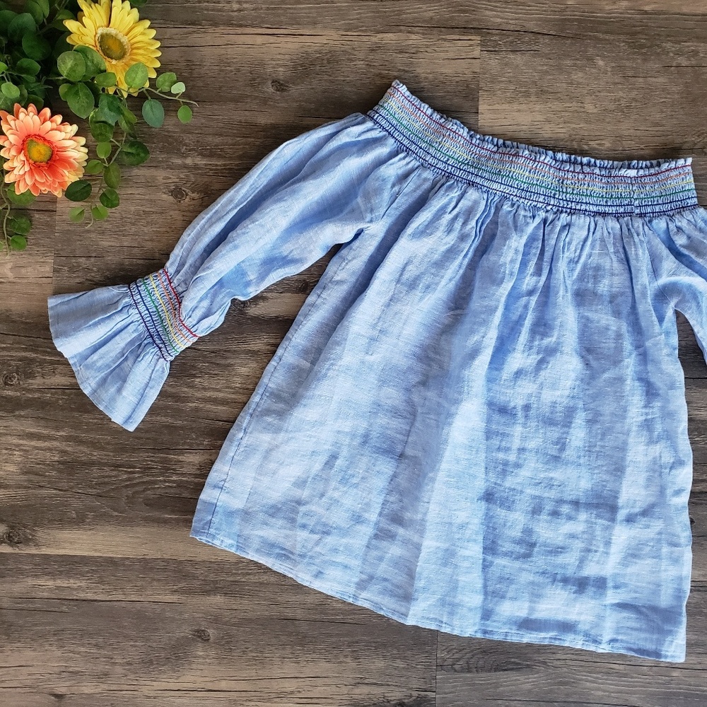 Blue Linen Rainbow Off-Shoulder Blouse